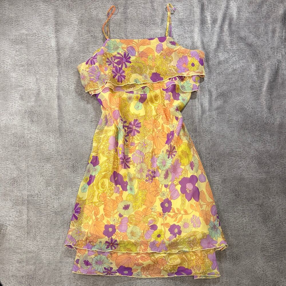 Vintage Yellow Vibrant Floral Ruffled Mini Dress